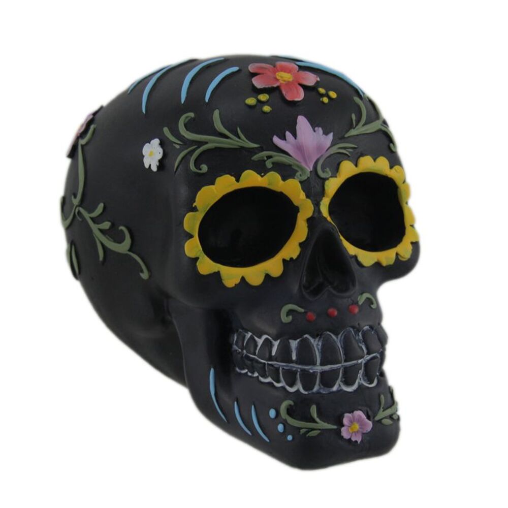 Hand Painted Black Day of the Dead Sugar Skull Statue